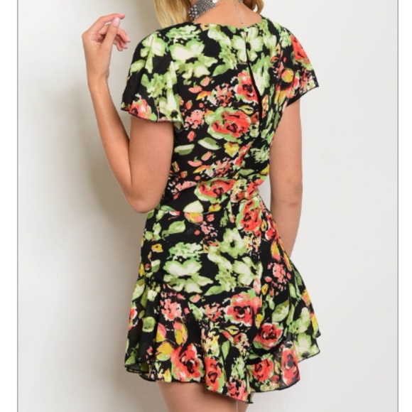 NWT Black/Neon Floral Flutter Hem Boho Romper - Picture 2 of 5